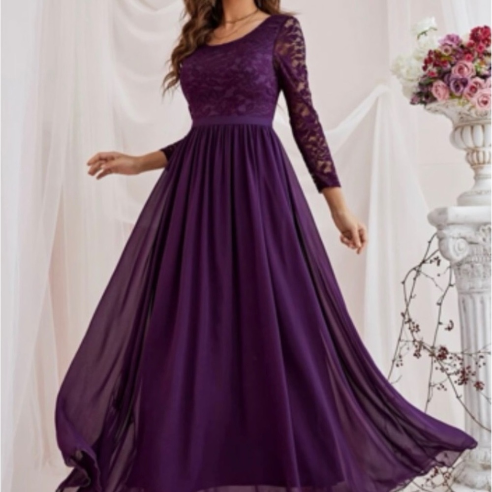 Luxurious purple lace insert maxi dress evening formal party